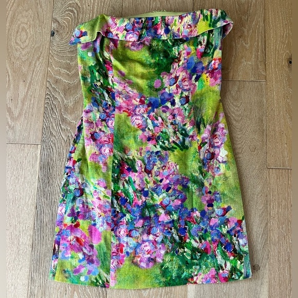 MOTF Linen Floral Print Shirred Back Strapless Mini Dress Large - Picture 3 of 12